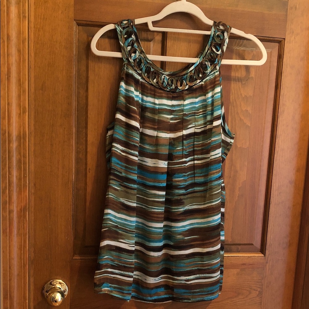 Zac & Rachel Striped Sleeveless Tank with Intricate Collar - Teal, Brown & Cream